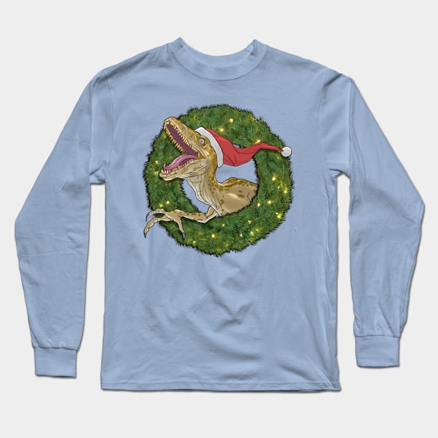 Velociraptor and Christmas Wreathe Long Sleeve T-Shirt by AyotaIllustration